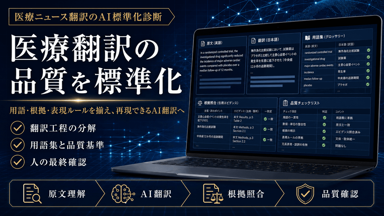 医学情報メディアのAI翻訳標準化診断のキービジュアル